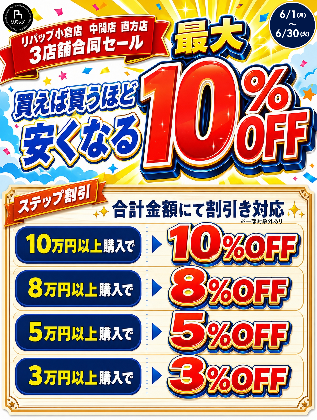 3店舗合同セール ステップ割引 最大10%OFF